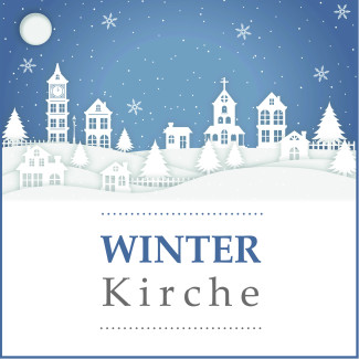 Das Logo der Gottesdienstreihe Winterkirche mit einigen weißen Häusern. Im Vordergrund fallen Schneeflocken herab.